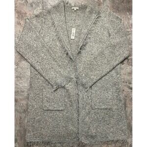 Max Studio Fringe Long Open Front Cardigan Knit Textured Patch Pockets Large